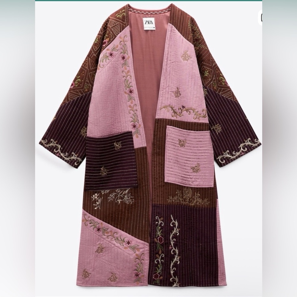 Zara Patchwork Embroidered Kimono Robe - Pink & Brown